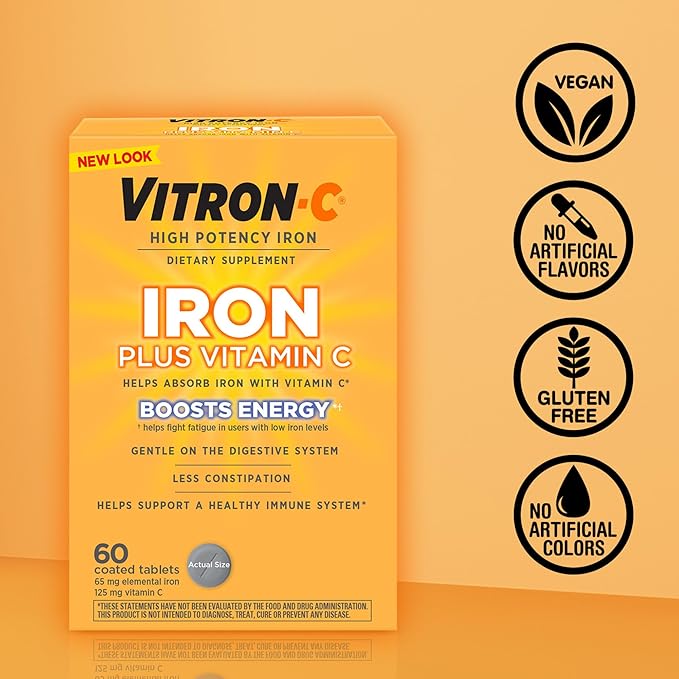 Vitron-C Iron Supplement Once Daily High Potency Iron Plus Vitamin C Support Red Blood Cell Production Dye Free Tablets 60 Count 2 Pack