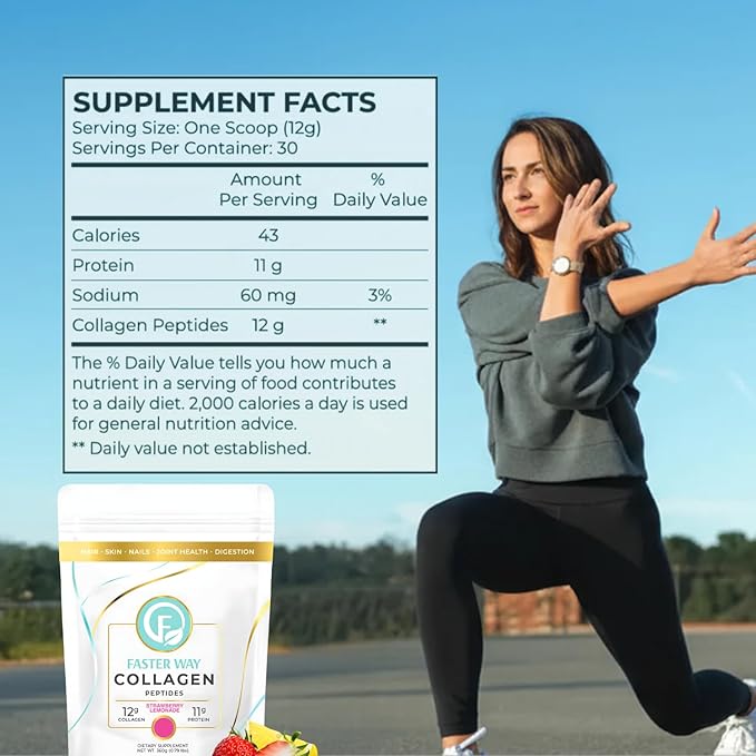 Faster Way - Collagen Peptides - 12g Hydrolyzed Collagen + 11g Protein Per Serving - Hair Skin &amp Nails - Amino Acids- Sugar Gluten &amp Dairy Free - Non-GMO - Strawberry Lemonade - 30 Servings