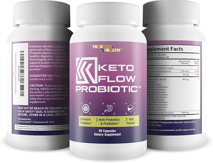 KETO FLOW PROBIOTIC - Premium Probiotics &amp Prebiotics - Keto Friendly Probiotic Formula - 40 Billion CFU - Promote Healthy Gut Biome - Immune Support &amp Digestive Support - Aid Energy &amp Blo