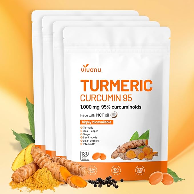 10-in-1 Turmeric Supplement Softgels 95% Curcumin for 1000mg Made Mct Oil 60-Day Supply with Black Pepper Ginger Propolis Powder Black Seed Oil Saw Palmetto Oil Zinc Vitamin D3 E More 4 Bag
