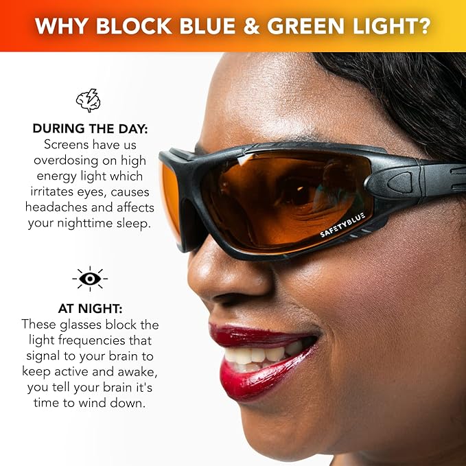 Sleep Savior Deluxe Amber Lens Glasses - Block Blue &amp Green Light Boost Melatonin Enhance Sleep Quality Reduce Eye Strain Interchangeable Strap Padded for Ultimate Comfort