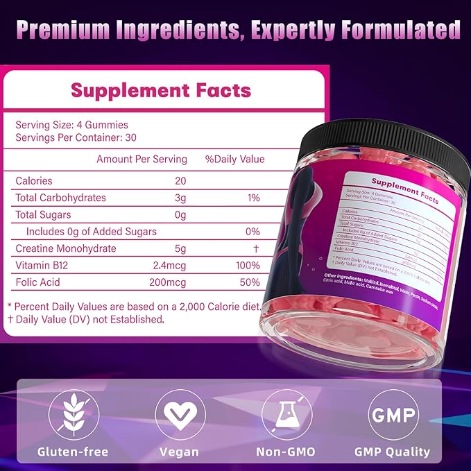 Creatine Gummies for Women 5000mg Creatine Monohydrate per Serving 120 Gummies (30 Servings) No Added Sugar Vegan Chewable Supports Strength Energy &amp Recovery