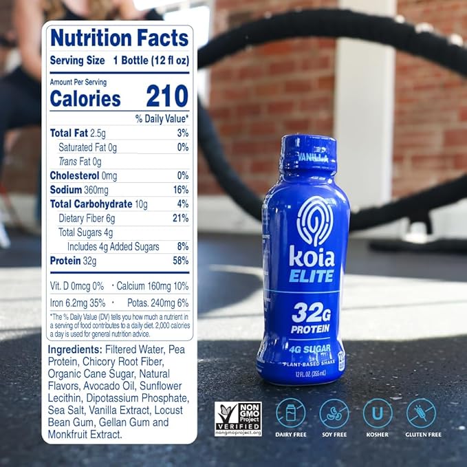 Koia Elite Plant Based Protein Shake Vanilla 32g Protein 4g Sugar 6g Prebiotic Fiber Pre &amp Post Workout Nutritional Drink No Seed Oils Dairy-Free Gluten-Free Non-GMO 12 Fl Oz (Pack of 12