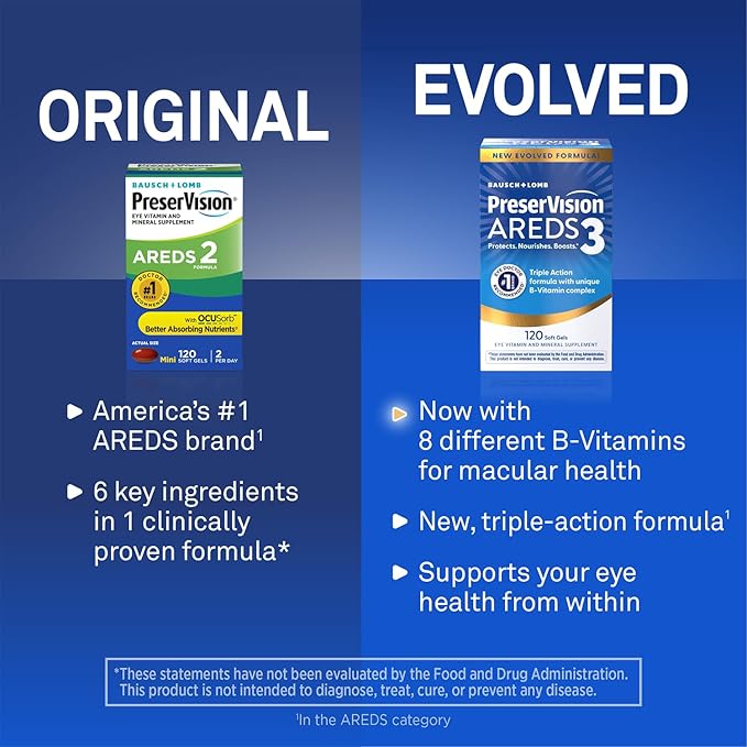 PreserVision AREDS3 Eye Vitamins #1 Eye Doctor Recommended Brand AREDS2 Formula with Additional 8 B-Vitamin Complex Promotes Healthy Cellular Eye Function* 3-in-1 Macular Supplement 160 Softgels