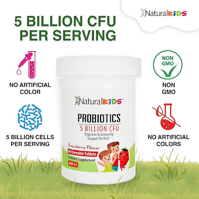 NaturalSlim Kids Probiotics for Digestive &amp Gut Health Immune Support 5 Billion CFU with LGG BB-12 &amp 4 Probiotic Strains 35 mg Calcium for Children Ages 3+ Strawberry Flavor 60 Chewable