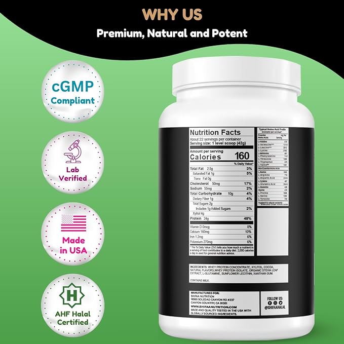 SHIFAA NUTRITION 2 Lbs Halal Whey Protein Powder Creamy Chocolate. 24g Protein 5g BCAAs &amp 420mg Glutamine. for Building Lean Muscles &amp Recovery. Sugar-Free Keto-Friendly Gluten-Free Non-GM