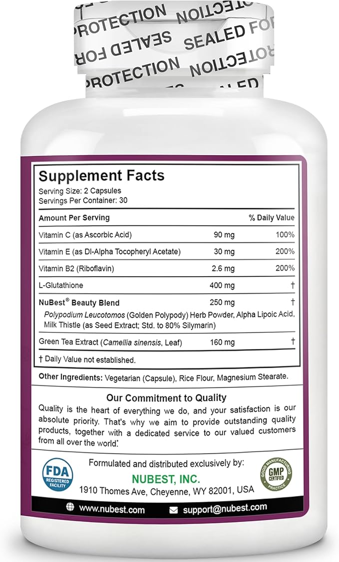 NuBest White - Glutathione 400mg &amp Milk Thistle Extract - Skin Brightening Supplement - Helps Beautiful and Radiant Skin - Antioxidant Supplement &amp Detoxification - 6 Pack | 6 Months Supply