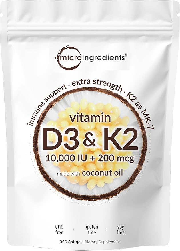 Micro Ingredients Vitamin D3 10000iu + K2 200mcg Coconut Oil Softgels &amp Vegan Omega 3 Algae Oil Supplement Bundle 2 Pack | Essential Sunshine Vitamins | Omega-3 Full Spectrum Alternative to Fish