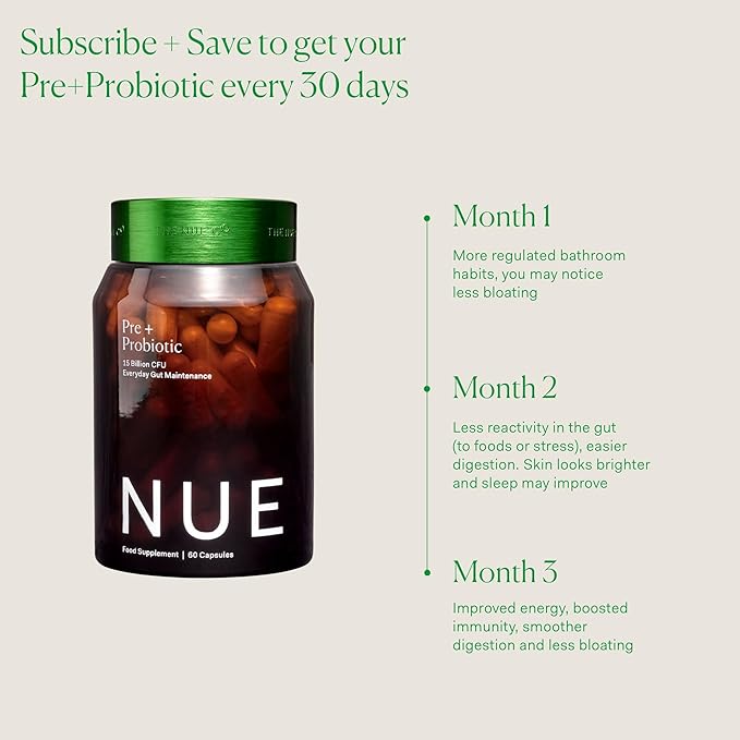 The Nue Co. Pre + Probiotic Supplement - Synbiotic &amp Spore Based Formula for Daily Gut Balance - Vegan &amp Gluten Free Immune Supplement - Supports Digestive Wellness Immunity &amp Skin | 60 C