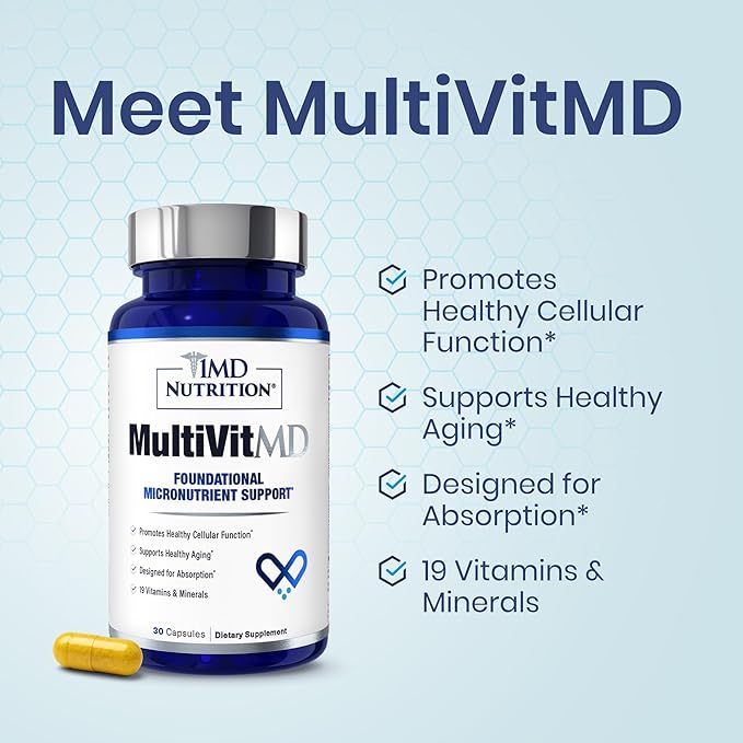 1MD Nutrition MultiVitMD Daily Multivitamin – 19 Essential Vitamins &amp Minerals for Adults Over 55 | Supports Healthy Aging Heart Brain Bone &amp Immune Health | Designed for Absorption | 30 C
