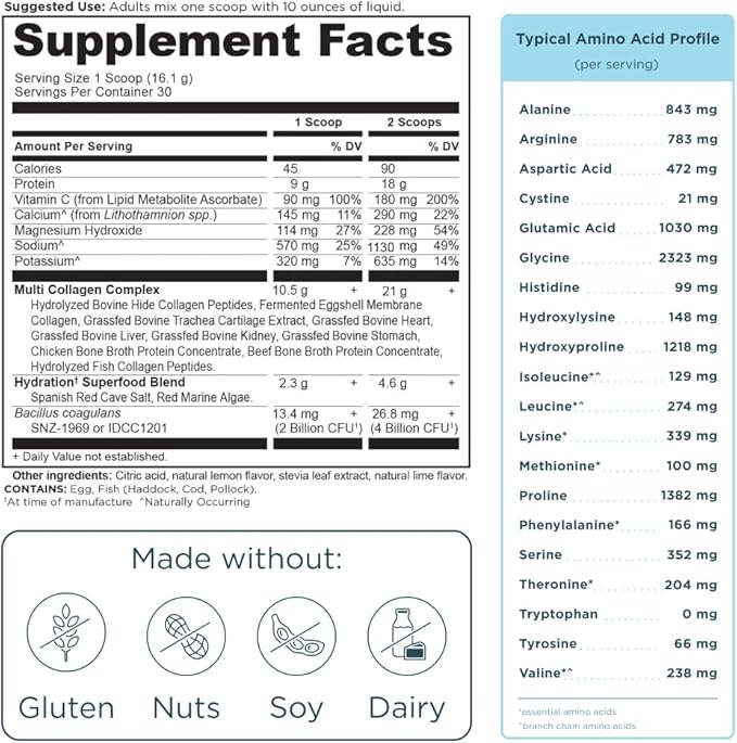 Ancient Nutrition Advanced Multi Collagen Protein Powder Hydrate Lemon Lime 30 Servings