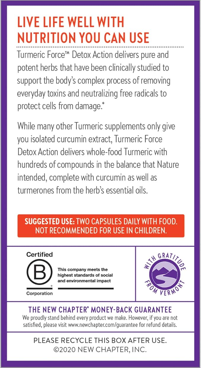 New Chapter Turmeric Supplement + Daily Detox Turmeric Force Detox Action with Green Tea + Ginger + NO Black Pepper Needed + NonGMO Ingredients Vegetarian Capsule 60 Count