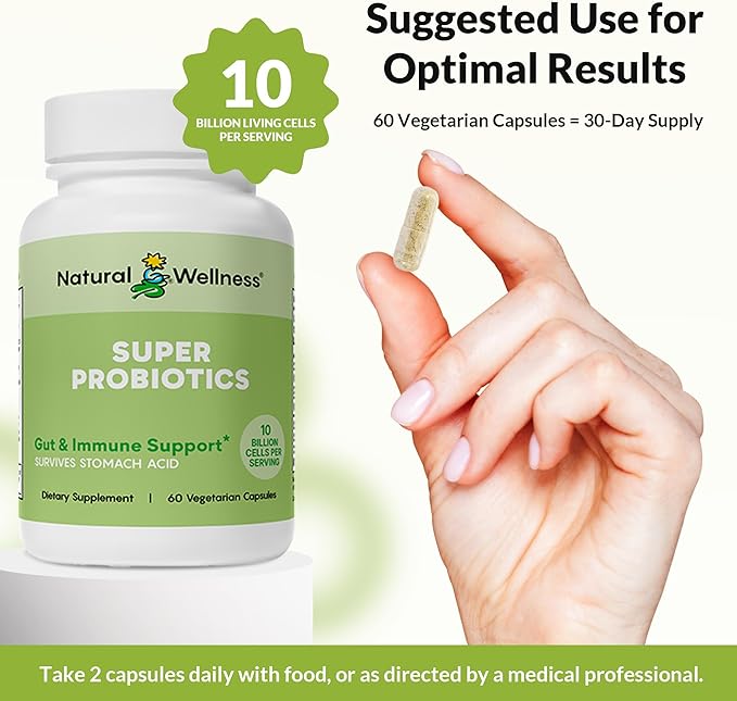 Natural Wellness Super Probiotic + Prebiotic Blend – 10 Billion CFUs with 8 Strains – Probiotics for Women &amp Men for Digestive Health Gut Balance &amp Immune Support – Non-GMO 30-Day Supply