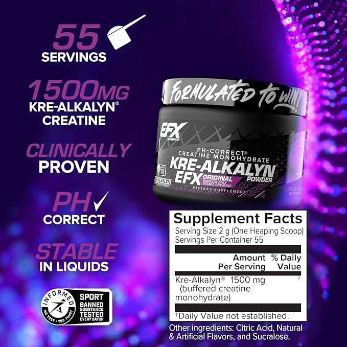 EFX Sports Kre-Alkalyn EFX Powder | pH Correct Creatine Monohydrate Powder Supplement | Strength Muscle Growth &amp Performance | 55 Servings (Blue Frost)