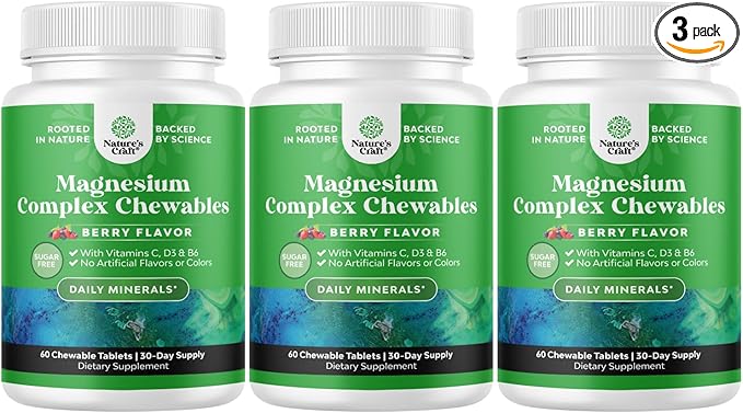 Sugar Free Magnesium Glycinate Chewable - Chewable Magnesium for Adults &amp Kids with Glycinate Taurate &amp Citrate Complex Plus Vitamins D3 B6 &amp C - Vegetarian Non-GMO &amp No Artificial Fla