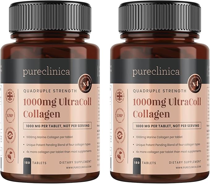 pureclinica UltraColl Marine Collagen 1000mg x 360 Tablets (2 Bottles of 180 Tablets - 6 Months Supply). The only Patented Anti-Aging Collagen Types I II III and VII.