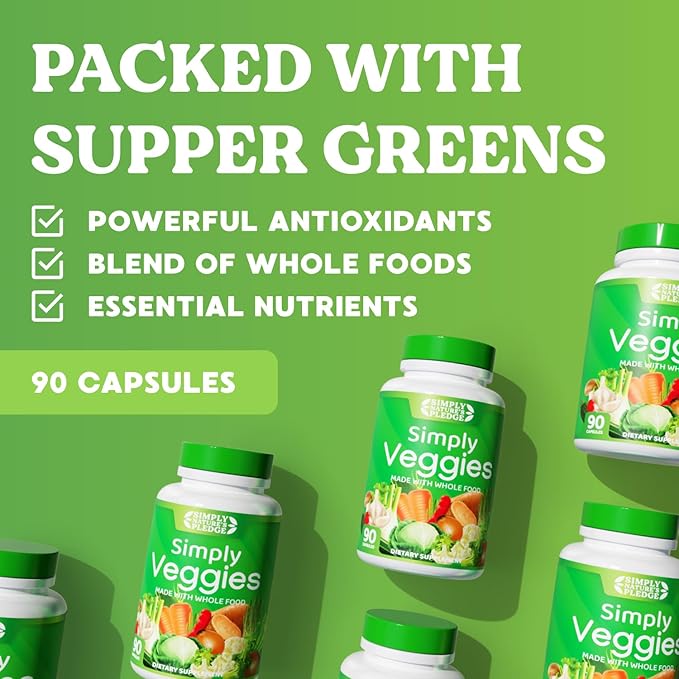 Simply Nature's Pledge - 90 Veggie Capsules- 2 Month Supply - Made with Whole Food Superfoods Packed with Beta Carotene &amp 18 Different Vegetables - 100% Soy Free