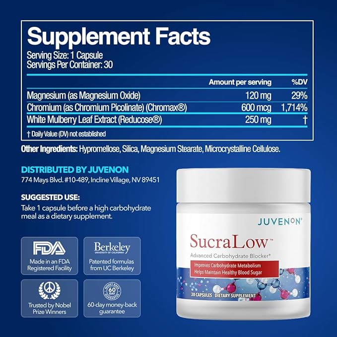 Juvenon SucraLow Advanced Carb Blocker – Supports Blood Sugar Reduces Carb &amp Starch Absorption Aids Metabolism &amp Limits Fat Storage – Mealtime Supplement for High-Carb Meals (30 Capsules)