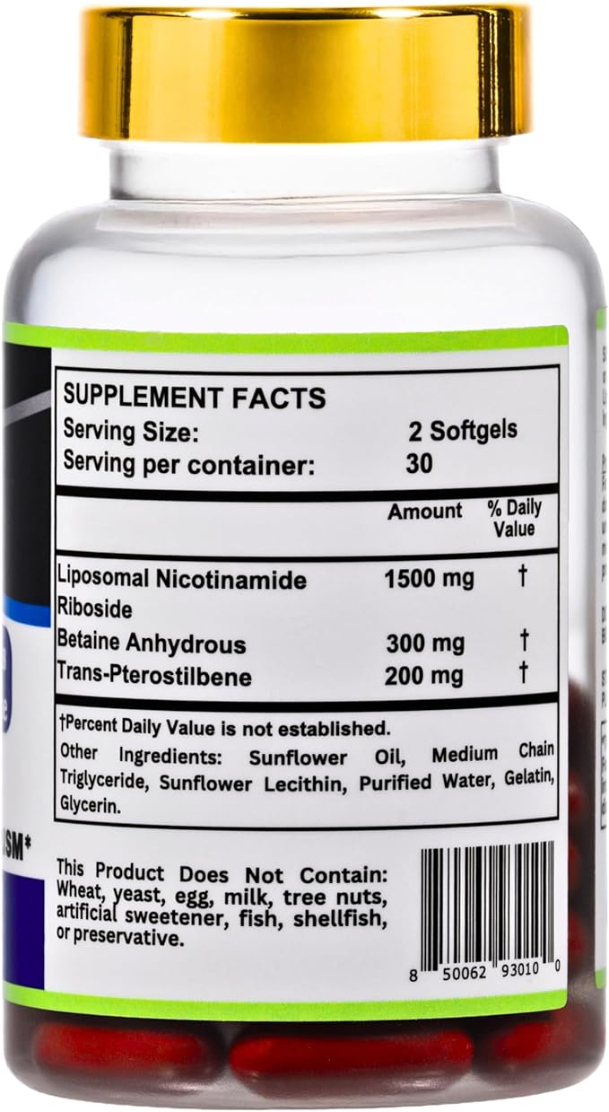 Nikoni Liposomal NAD+ 2000 mg with TMG and Pterostilbene Supports Healthy Aging-60 Softgels