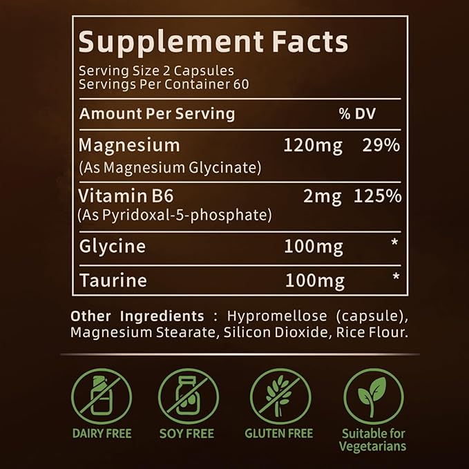 Magnesium Glycinate 120 mg Capsules with Glycine Taurine &amp Vitamin B6 (P-5-P) – Chelated Magnesium Supplement – 120 Capsules