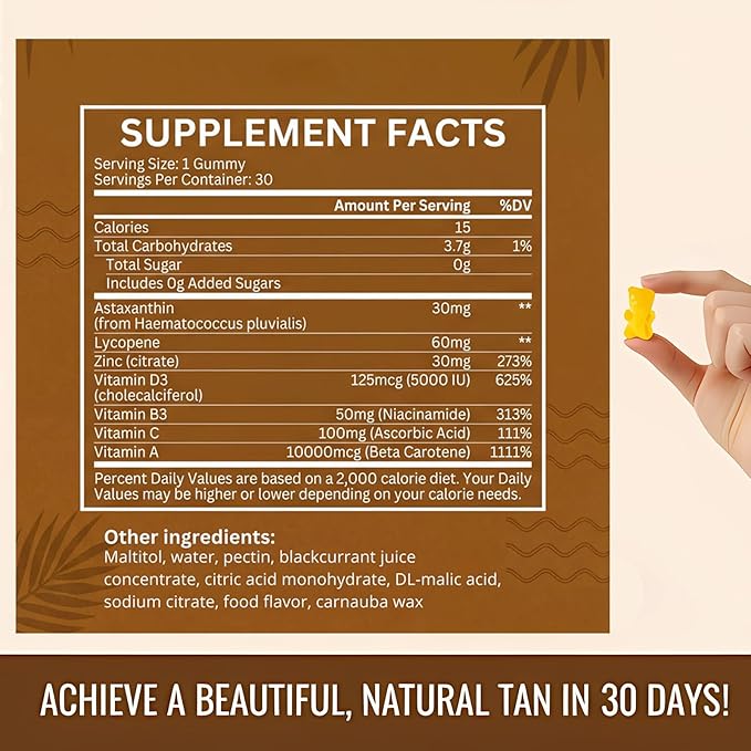 Tanning Gummies Tanning Gummies for Women No Sun Required Supports Radiant Tan &amp Healthy Skin with Astaxanthin Lycopene and Vitamins Vegan &amp Sugar Free - 60 Count