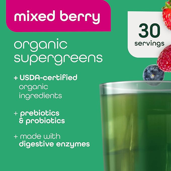 Zena Nutrition Organic Supergreens Greens Powder 70+ Superfoods Mixed Berry 30 Servings + Bovine Colostrum &amp Collagen Powder Supplement Supports Immunity Digestion Hair Beauty