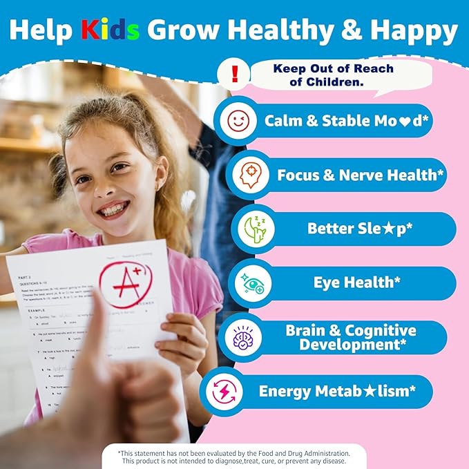 Saffron +Magnesium Glycinate +Omega-3 - Calm Focus Gummies for Kids 4+ Saffron Extract Supplement with L-Theanine Holy Basil Rosemary B6 D3 for Happy Mood Cognition ZZz Sugar Free 2 Pack