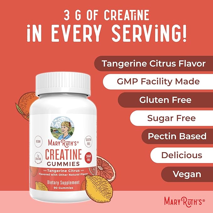 MaryRuth's Creatine Gummies | Creatine Monohydrate Gummies | 3g Creatine Per Serving | Creatine for Women &amp Men | Tangerine Citrus Flavor | Exercise | Workout | Sugar Free | Vegan | 90 Count