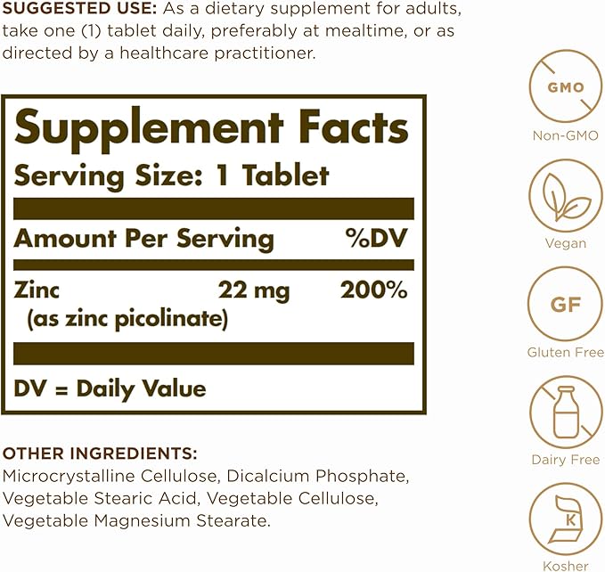 Solgar Zinc Picolinate 22 mg 100 Tablets (Pack of 3) - Promotes Healthy Skin - Supports Immune System Normal Taste &amp Vision - Antioxidant - Non-GMO Vegan Gluten Free Kosher - 300 Total Servin