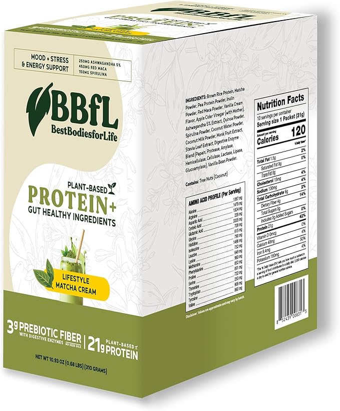 BBfL Plant-Based Protein Shake – 21g Vegan Protein Matcha + Apple Cider Vinegar Prebiotics Digestive Enzymes Adaptogens for Mood Support – 0 Added Sugar (10 Servings Matcha Cream)