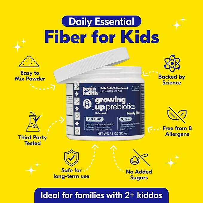 Begin Health Growing Up Prebiotics for Kids 56-Packs | Prebiotic Soluble Powder Stool Softeners and Digestive Gut Health Supplement | Ideal to Mix with Kids Daily Beverages and Soft Foods - Unflavored