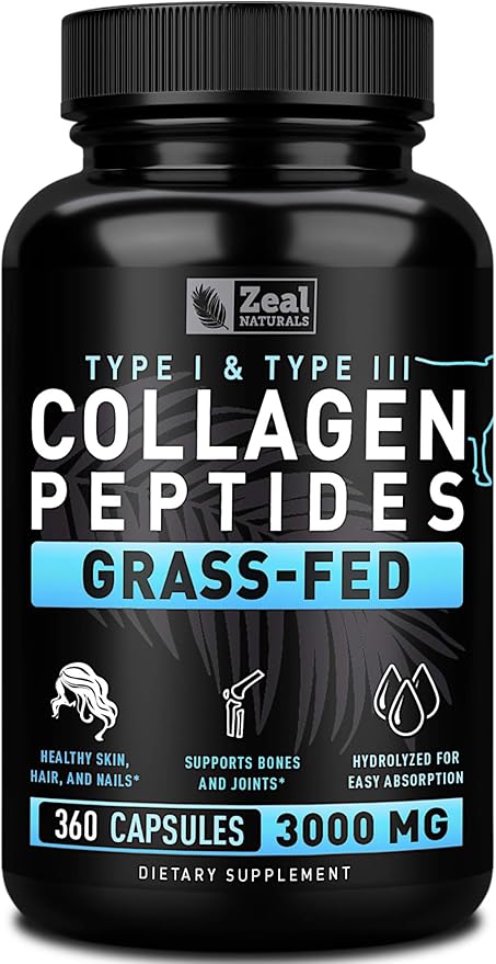 Collagen Peptides Capsules 360 Count - Grass Fed Bovine Hydrolyzed Collagen Pills - Hair Skin &amp Nails Joint Support - Collagen Supplements for Women &amp Men