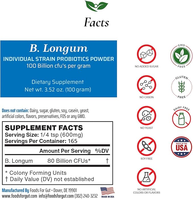 Bifidobacterium Longum Probiotic Powder 100 Billion cfu's | Made in USA | No Additives | Direct from Manufacturer | No Third-Party Storage | Immune Support | B. Longum | 100 Grams (3.52 Oz)