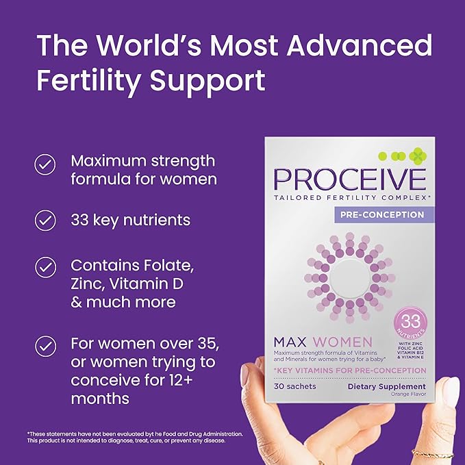 Proceive Max Tailored Fertility Supplement for Women Pre Conception Vitamins Minerals and Amino Acids with Vitamin D Zinc Myo Inositol and Folate 30 Vegan Drink Mix Packets Orange Flavor