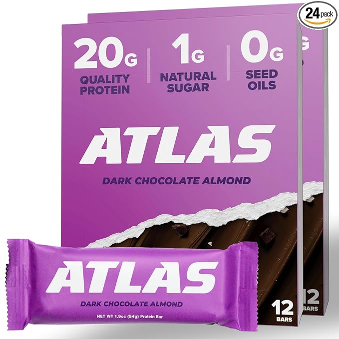 Atlas Real Food Protein Bar – 20g Clean Protein 1g Sugar No Seed Oils No Artificial Sweeteners (Dark Chocolate Almond 24 Count)