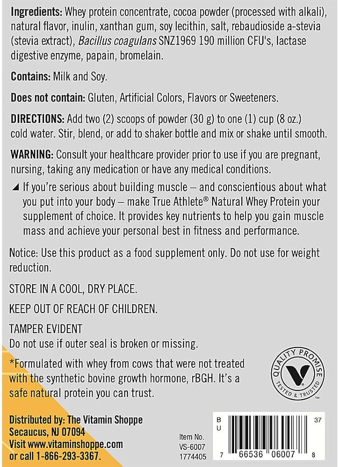 True Athlete Natural Whey Protein - Chocolate 20g of Protein per Serving - Probiotics for Digestive Health Hormone Free (2.5 Pound Powder)