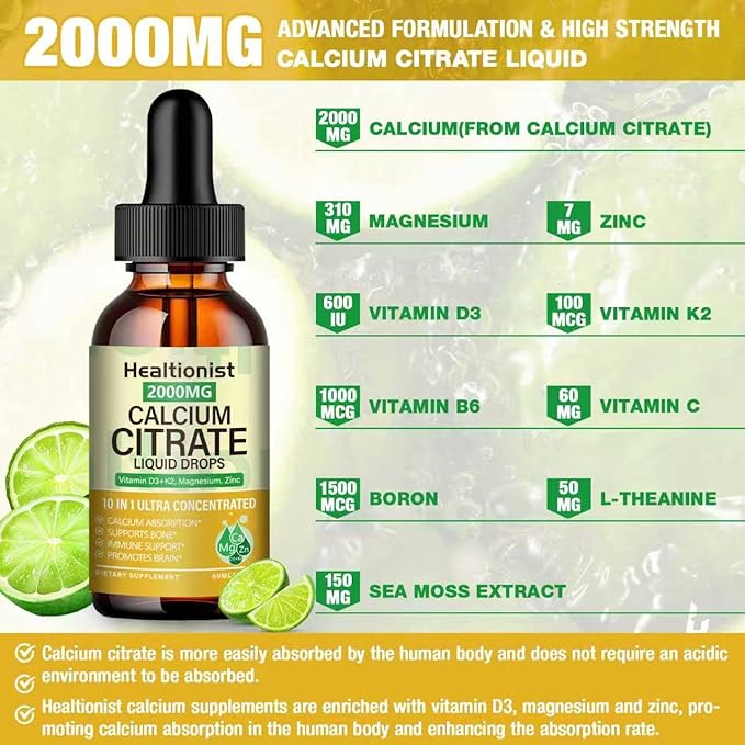 2 Packs 2000mg Calcium Citrate with Vitamin D3 K2 Supplements Liquid Drops for Women &amp Men Magnesium Zinc High Absorption Bone Teeth Muscle &amp Immune Support 4 Fl oz