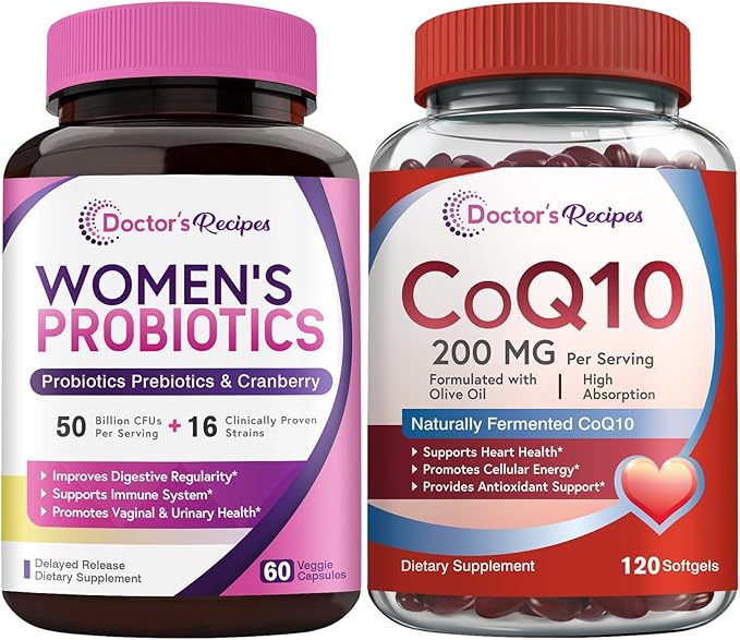 Doctor's Recipes Women’s Probiotic &amp CoQ10 Bundle Digestive Vaginal &amp Urinary Health Heart &amp Vascular Health Delayed Release Probiotic Capsules 60ct &amp CoQ10 Softgels 120 ct