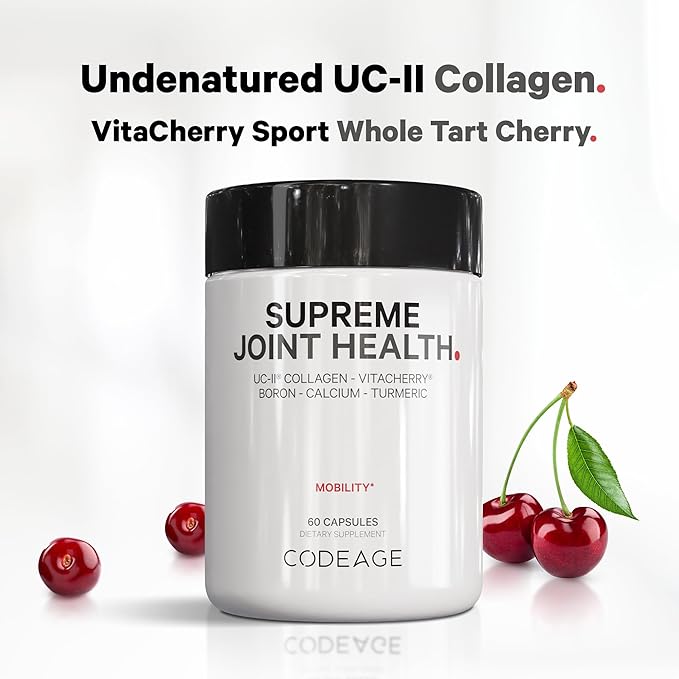 Codeage Supreme Joint Health UC-II Collagen Capsules Type II VitaCherry Sport Cherries Boron Calcium Fructoborate Hyaluronic Acid Turmeric Bromelain &amp Boswellia Supplement Non-GMO 60 Coun