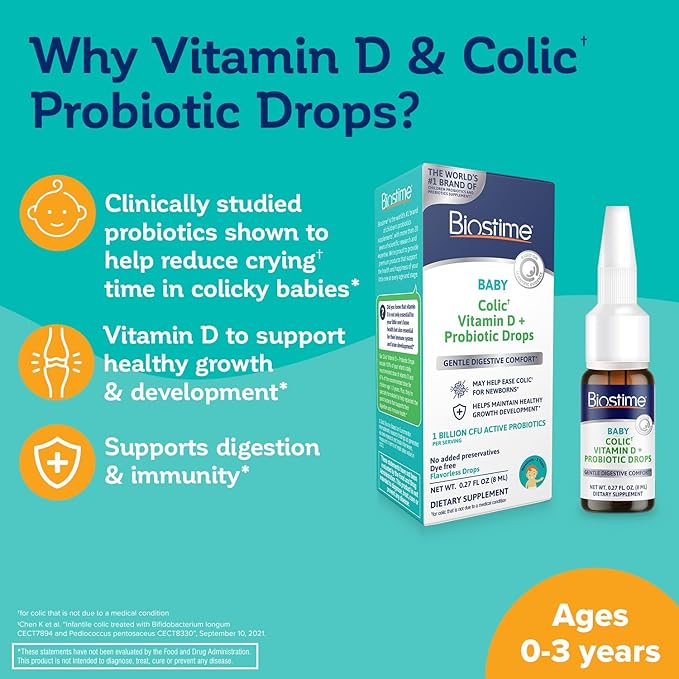 Biostime Baby Vitamin D &amp Colic Probiotic Drops for Newborns to 3 Years Old | 100% Daily Values Vitamin D for Bone &amp Immune Support – Eases Colic &amp Digestion| 32 Serving