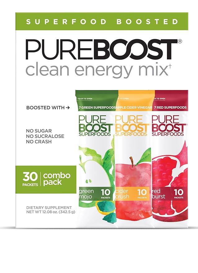 Pureboost Superfoods Clean Energy Booster Energy Drink Mix with Apple Cider Vinegar 7 Organic Red or Green Superfoods. Sugar-Free No Sucralose Electrolytes (Combo Pack 30 Count)