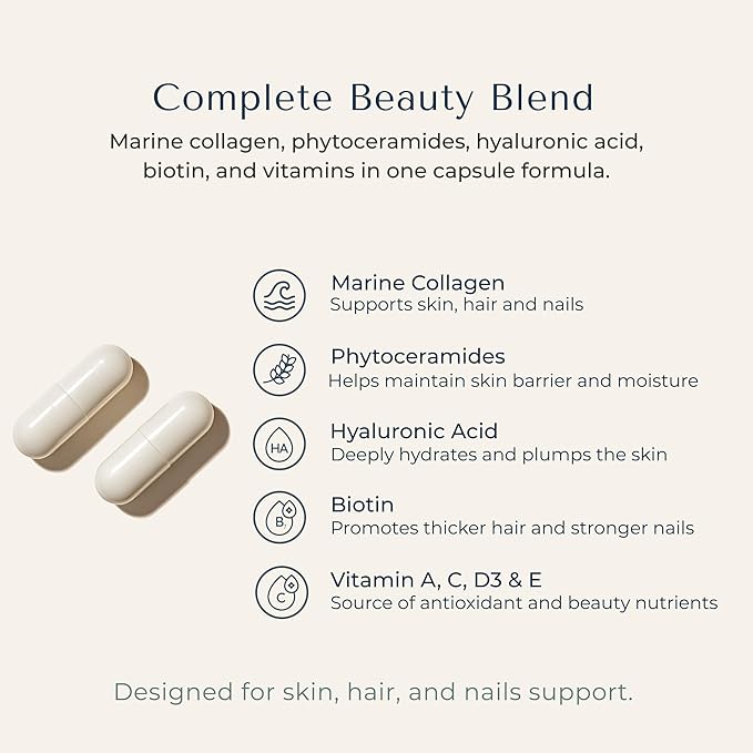 Zi-Collagen Marine Collagen Capsules for Skin Hair &amp Nails – Collagen Supplement with Phytoceramides Hyaluronic Acid Biotin &amp Vitamins A C D3 E – 60 Capsules
