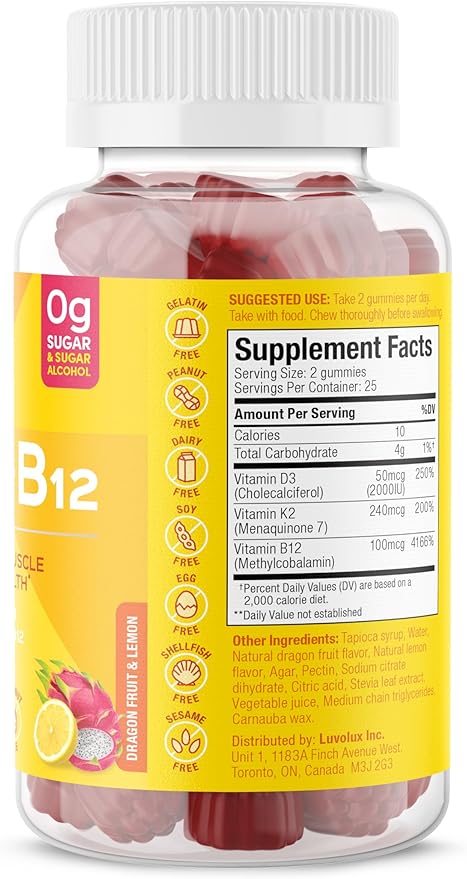 SUKU Vitamins Vegan D3 + K2 + B12 Sugar-Free &amp Sugar-Alcohol-Free Keto 2000IU Vitamin D Gummy Supplement for Healthy Bones Immune Function Healthy Metabolism Lemon Dragon Fruit Flavor (50 Gummi