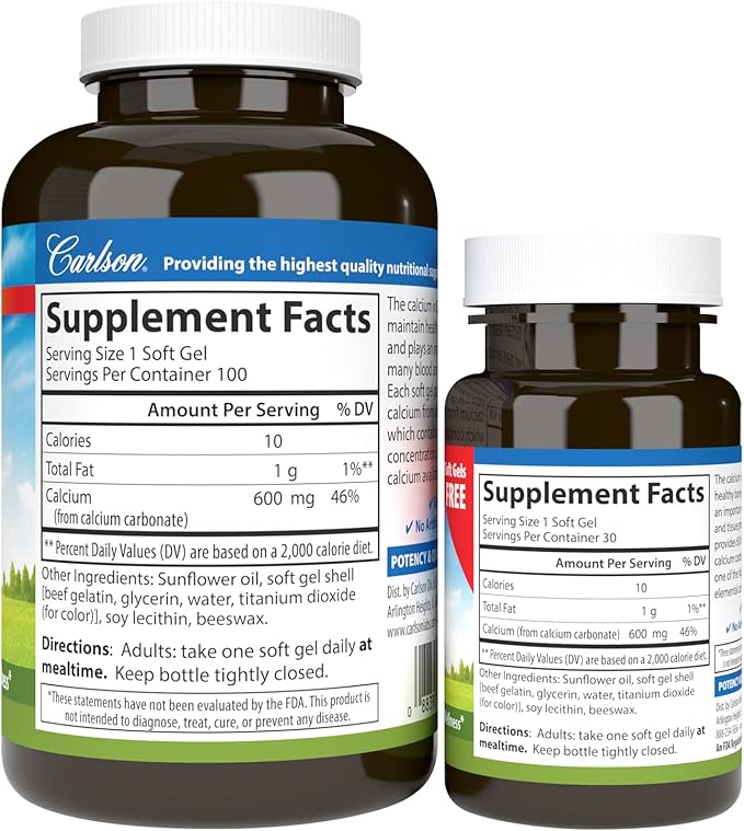 Carlson - Cal-600 600 mg Calcium Bone Support Healthy Teeth &amp Optimal Wellness 100+30 Softgels