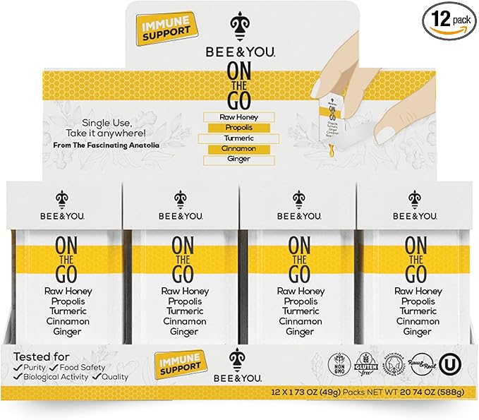 Bee and You On The Go Immune Support Supplement Raw Honey Propolis Turmeric Cinnamon Ginger Superfrood Great Tasting for Kids and Adults 12 Pack 1.73 oz Each