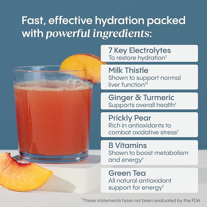 Hydralyte Liver Support + Electrolyte Mix with Milk Thistle Turmeric Ginger Prickly Pear Green Tea Extract Formulated for Rapid Rehydration (Peach Passion Ginger 20 Packets)