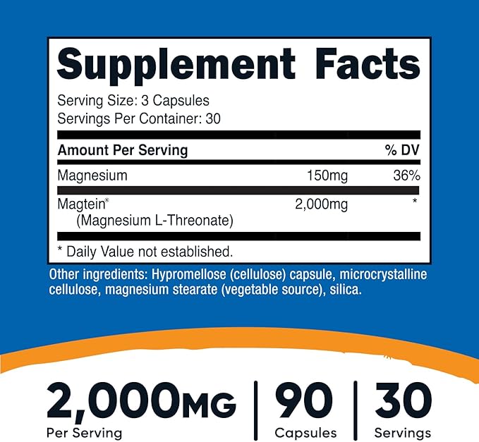 Nutricost Magtein Magnesium L-Threonate 2000mg 90 Capsules - Gluten Free Vegetarian 30 Servings