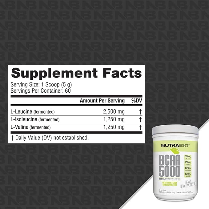 NutraBio BCAA 5000 Powder - Fermented Branched Chain Amino Acids for Muscle Growth &amp Recovery - Natural Flavors Sweeteners and Coloring Vegan Gluten Free - Unflavored 60 Servings