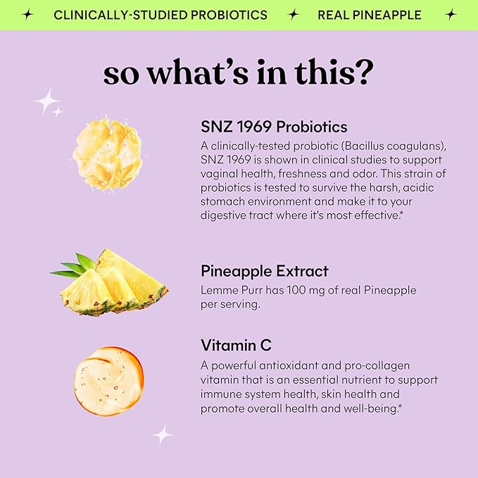 Lemme Purr Vaginal Probiotic Gummies for Women - Balanced pH Healthy Odor Yeast Balance &amp Flora Support + Vitamin C for Immune Health - Tasty Pineapple (60 Count)