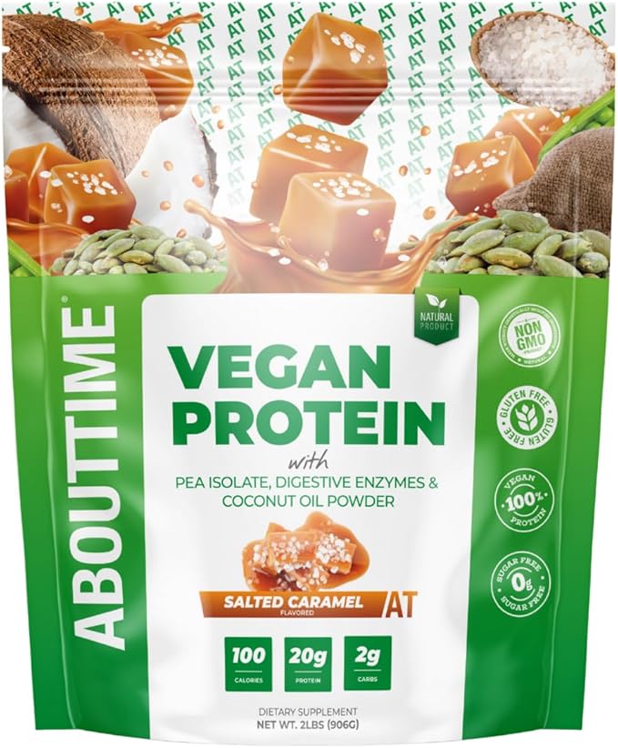About Time Vegan Protein Powder 20g Salted Caramel Natural Ingredients Non-GMO Plant Based Gluten Free Soy Free Dairy Free 32 Servings